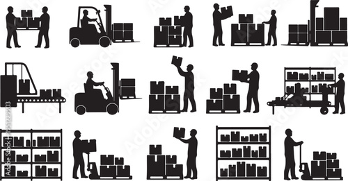 Warehouse Workers Engaged in Various Tasks and Activities Silhouettes