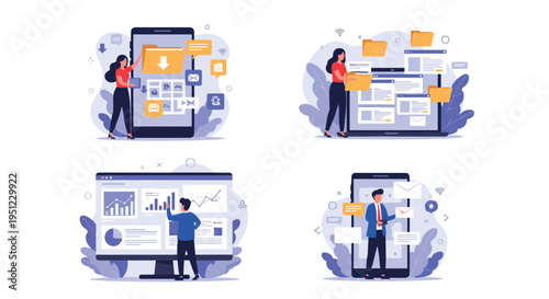 Collection of four conceptual scenes showing individuals interacting with mobile apps and software for data analytics and communication.