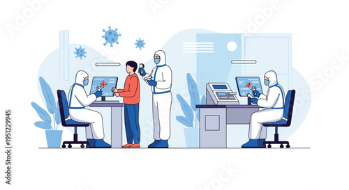 Medical professionals in hazmat suits conducting virus tests and screening on individuals in a modern laboratory or clinic setting.