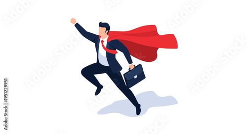 Dynamic businessman in a suit and red superhero cape flying forward while holding a briefcase, symbolizing power and high performance.