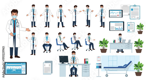 Extensive collection of doctor characters in various poses and situations accompanied by medical icons, equipment, and hospital elements.