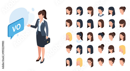 Professional businesswoman character standing next to many head options with different hairstyles and colors for customization.