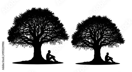 Silhouettes of two people sitting beneath separate trees in a park