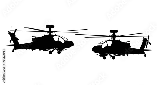 Two black silhouettes of ah 64 apache attack helicopters in flight