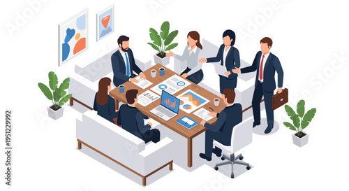 Business team engaged in a collaborative meeting around a table with charts and laptop in a comfortable and modern office lounge.