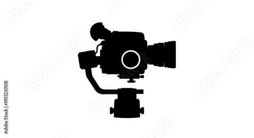 A black silhouette of a professional video camera with a stabilizer