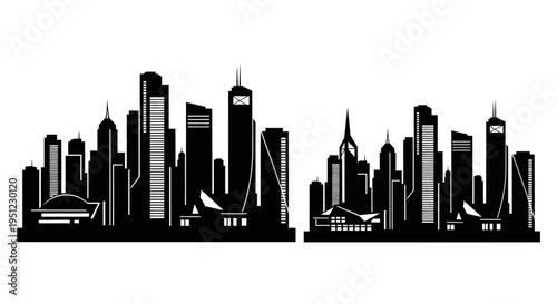 Black silhouette of a modern city skyline with multiple skyscrapers