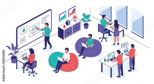 Creative professional team working in a modern open-plan office featuring bean bag chairs and a large interactive display screen.