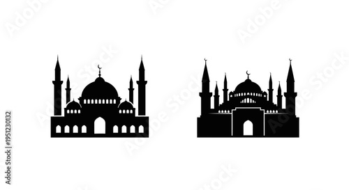 Two black silhouette illustrations of ornate islamic mosques are displayed