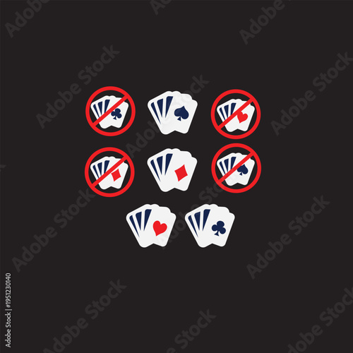 Collection of card game icons, including no-go symbols and various suits, representing strategy and chance in gameplay