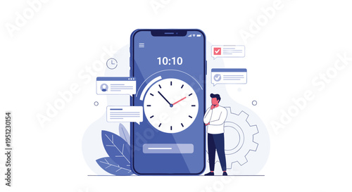 Conceptual illustration of time management featuring a man standing beside a large smartphone displaying a clock and tasks.