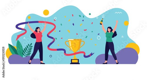 Two women celebrating a major victory next to a large golden trophy cup with confetti and vibrant abstract shapes in the background.