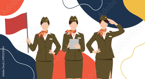 Three professional flight attendants in olive green uniforms standing against a vibrant abstract background with flag and tablet.