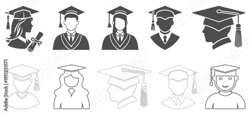 Graduate student avatar icons graduation cap people education profile set