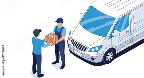 Professional delivery worker handing a cardboard box package to a customer next to a white commercial transport van.