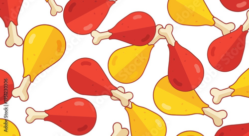 Crispy Fried Chicken Legs Pattern, Cartoon Style, Red and Yellow