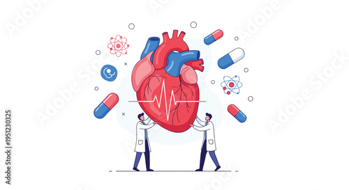 Two medical professionals supporting a giant human heart surrounded by icons of medicine, science, and healthcare elements.