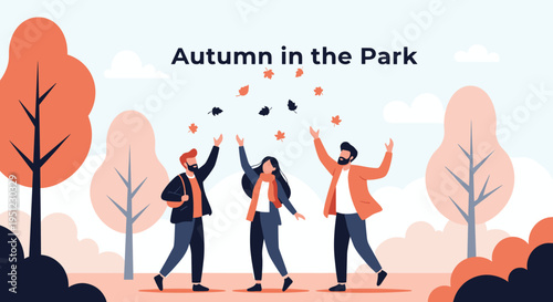 Three cheerful friends celebrating autumn in a park by throwing colorful fallen leaves into the air on a pleasant day.