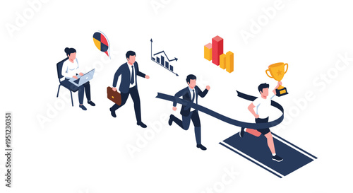 Business competition concept showing people in suits running on a track towards a finish line with a winner holding a trophy.