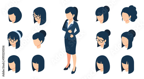 Professional businesswoman character standing with various head options featuring different hairstyles and glasses for avatar creation.