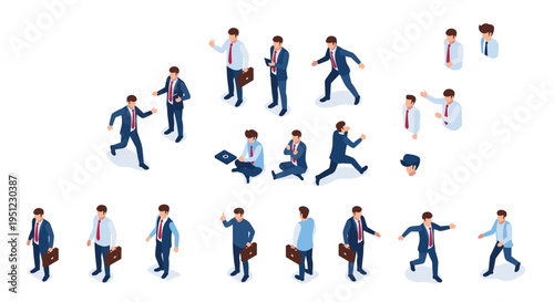 Diverse collection of professional men in various business-related poses, activities, and communication scenarios.