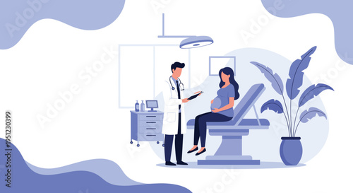 Professional medical consultation featuring a doctor and a pregnant woman in a modern, clean clinic or hospital room.