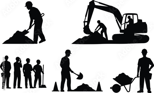 Black silhouette of construction workers with heavy machinery