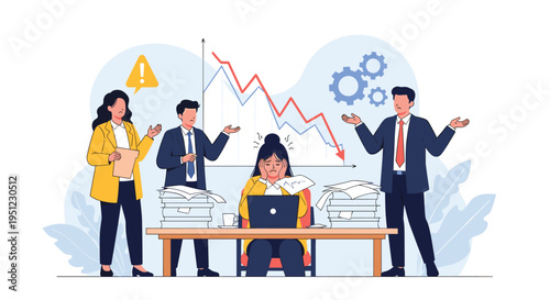Concerned business team looking at a declining sales graph representing financial crisis and market failure in a corporate meeting.