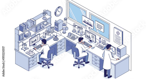Professional scientists and researchers working at workstations in a fully equipped laboratory conducting complex chemical experiments.