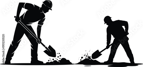 Two construction workers digging with shovels on ground