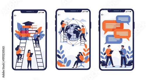 Mobile education concept featuring students interacting with digital books, a globe, and communication icons on large smartphone screens.