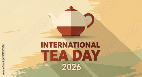 International tea day 2026 celebration with a teapot on a beige background with green accents