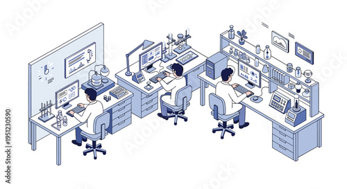 Scientific researchers conducting experiments and analyzing data in a laboratory setting with computers and specialized lab equipment.