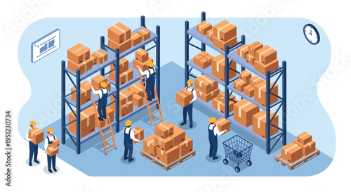 Warehouse workers moving and organizing cardboard boxes on high storage racks in a busy logistics and distribution center facility.