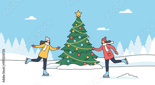 Two young women enjoying winter activities while ice skating on a frozen lake near a decorated Christmas tree in a snowy park.