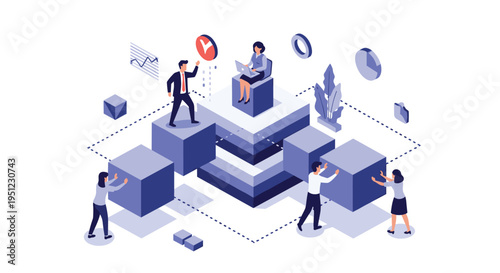 Creative business team building a structural foundation with large blue cubes representing project management and collaboration.