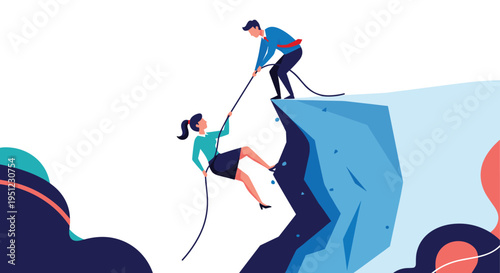 Concept of mutual support and business rescue showing a man on a cliff top pulling a woman up with a rope during a climb.