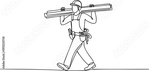 Man walking and carrying a long wooden plank on his shoulder