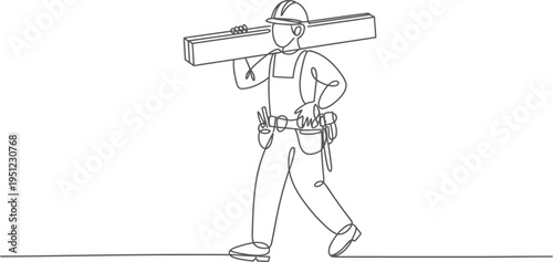 Man carrying a long wooden beam on his shoulder while walking