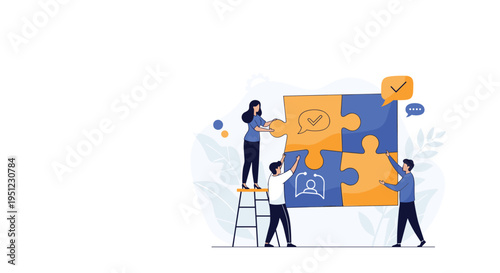 Diverse group of people working together to solve a large jigsaw puzzle representing team building and collaborative problem solving.