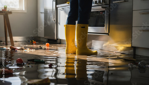 Person in yellow boots stands on a water-damaged kitchen floor, reflecting the chaos of a burst pipe or flood, emphasizing home disaster and repair