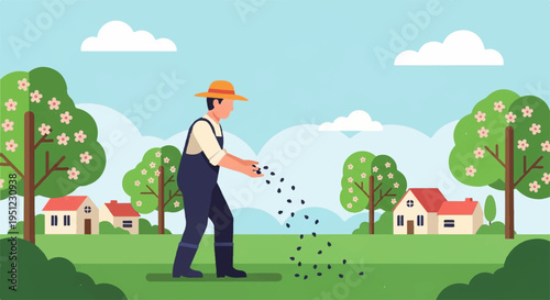 Man in overalls and hat spreading seeds on green lawn with trees and houses in background on sunny day