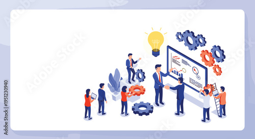 Business team collaborating on a project with gears and a lightbulb icon representing innovation and creative strategy in the office.
