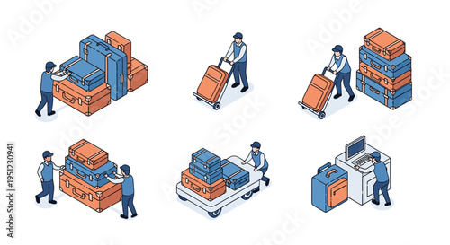 Porter characters in uniform moving different types and sizes of luggage on trolleys and carts for airport or hotel guest service.