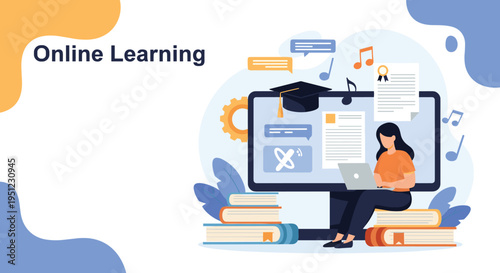 Online learning concept featuring a female student sitting on a stack of books and studying on a laptop with educational symbols.