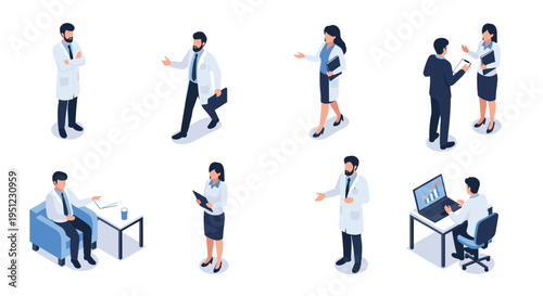 Diverse collection of isometric professional characters including medical staff and business people in various work-related poses.