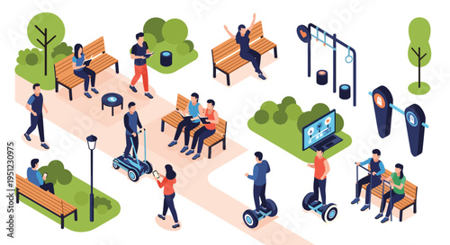 People enjoying leisure time in a public park participating in activities like reading, walking, and riding modern personal transporters.