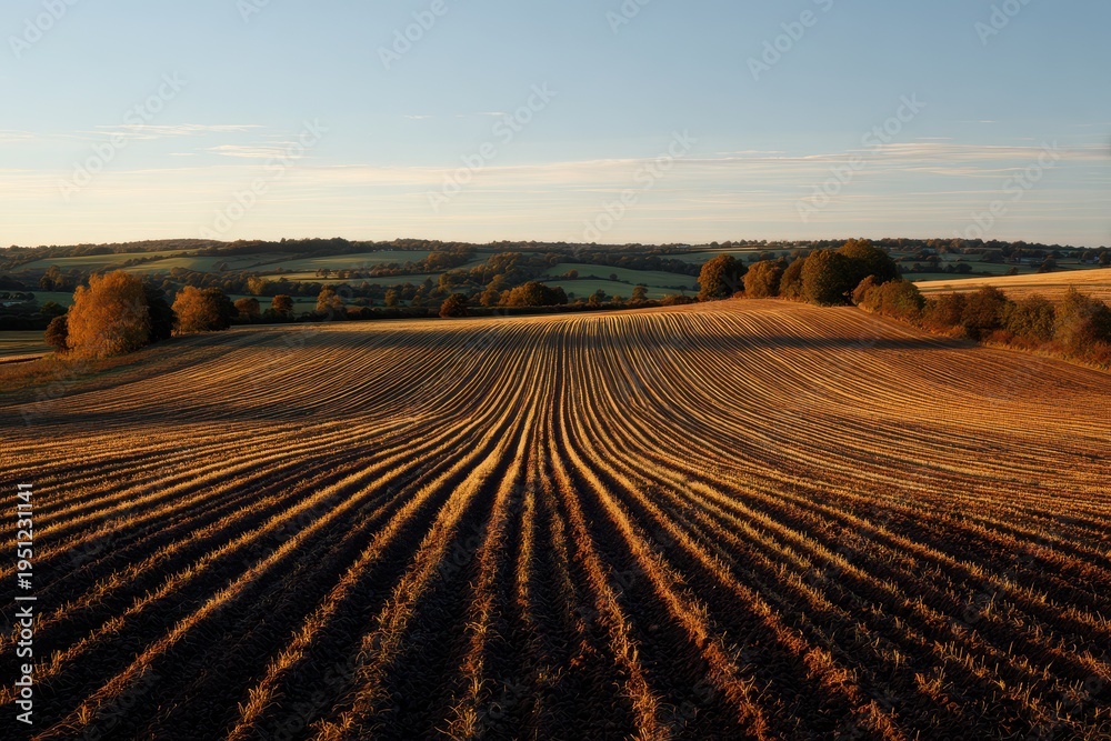 Fototapeta premium Harvest season landscape: early winter cereal alongside a harvested potato field in autumn light