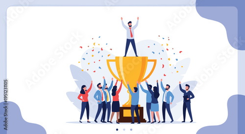 Successful business team members celebrating their professional achievements around a large golden winner trophy icon.