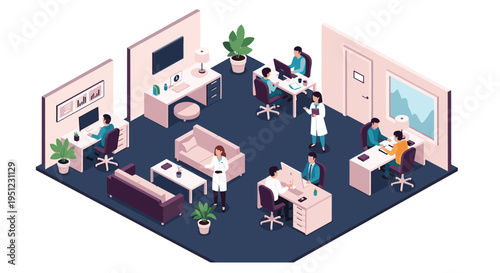 Modern isometric office interior design featuring various departments and employees working at their desks with laptops.